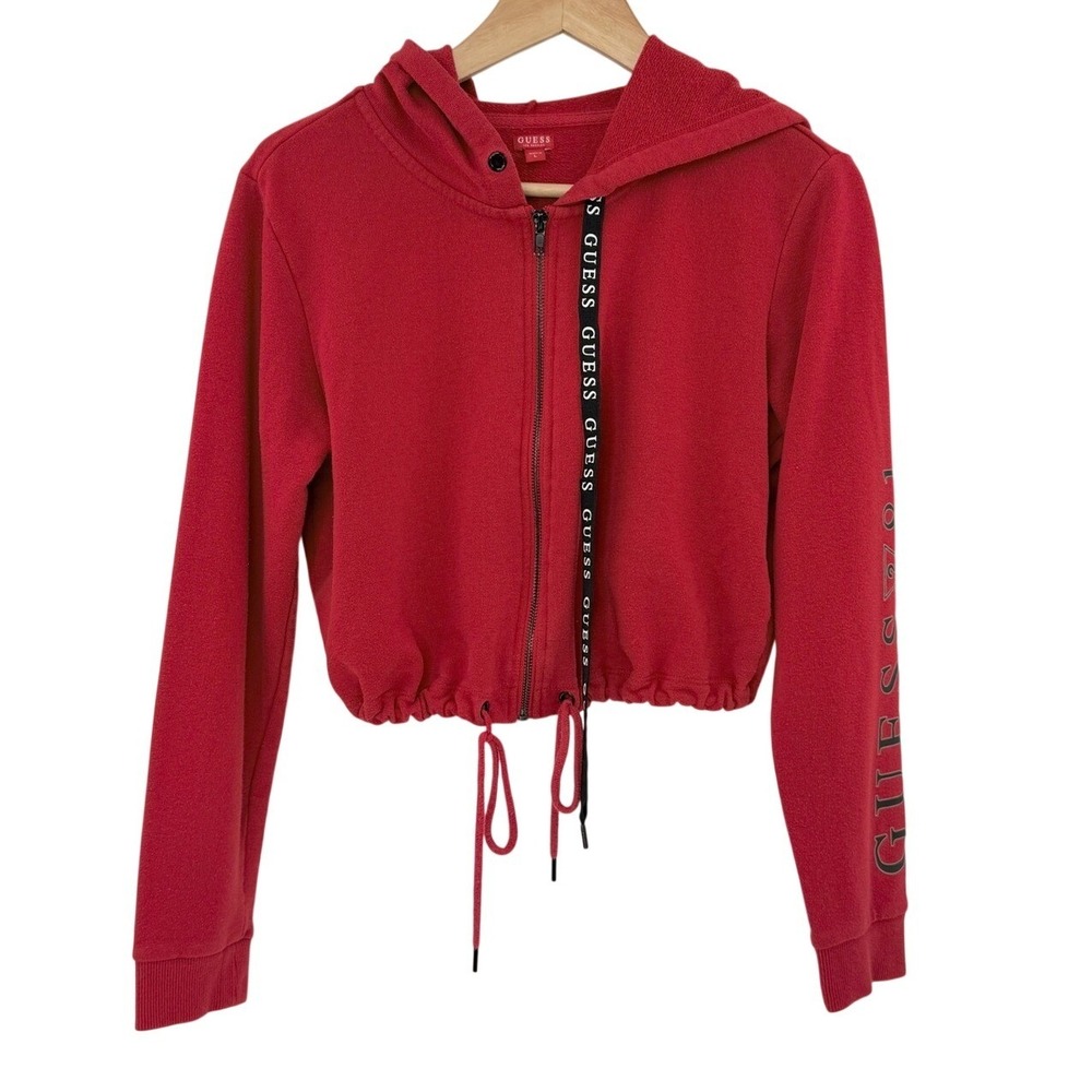 Guess Red Cropped Zip Up Hoodie Long Sleeve Drawstring Hem‎ Logo Graphic Large